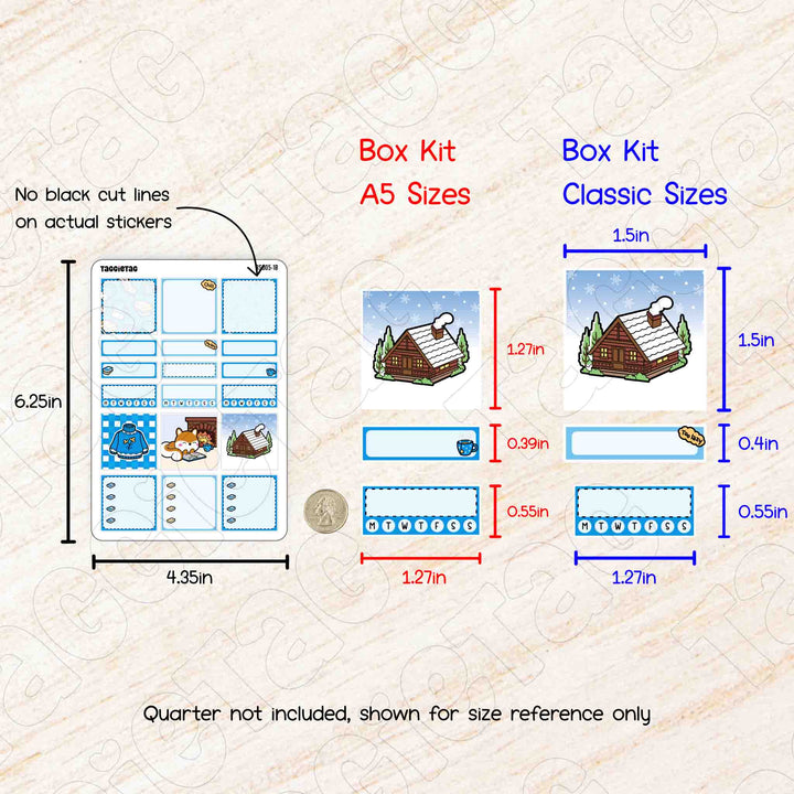 No black cut lines on actual stickers. Sheet size is 6.25in x 4.35in. Box kit sizes in A5 size and Classic size