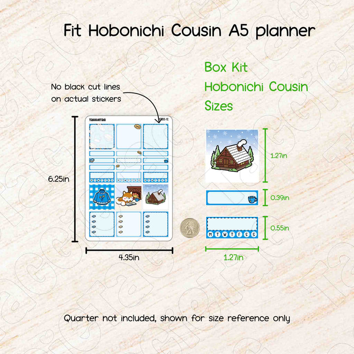 No black cut lines on actual stickers. Sheet size is 6.25in x 4.35in. Box kit sizes in Hobonichi Cousin size