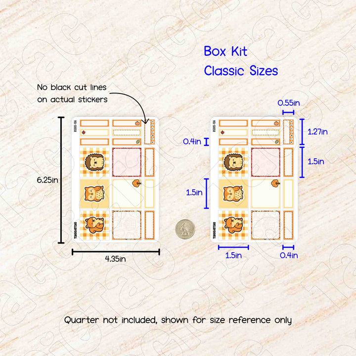 Measurement chart for box kit classic sizes with dimensions and layout on a textured beige background.