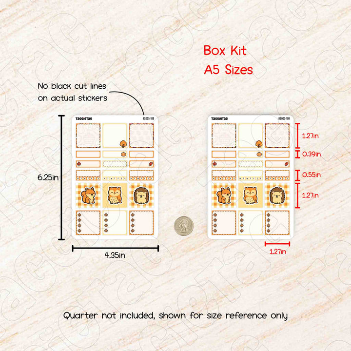 Measurement chart for A5 size box kit with cartoon owl designs on a textured beige background.