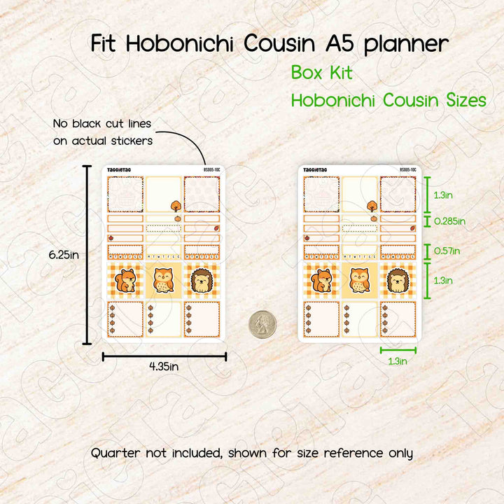 Measurement chart for Fit Hobonichi Cousin A5 planner box kit on a textured beige background.
