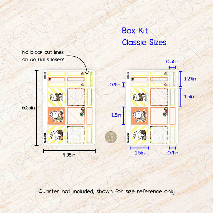 Measurement chart for box kit classic sizes with dimensions labeled on a textured beige background.