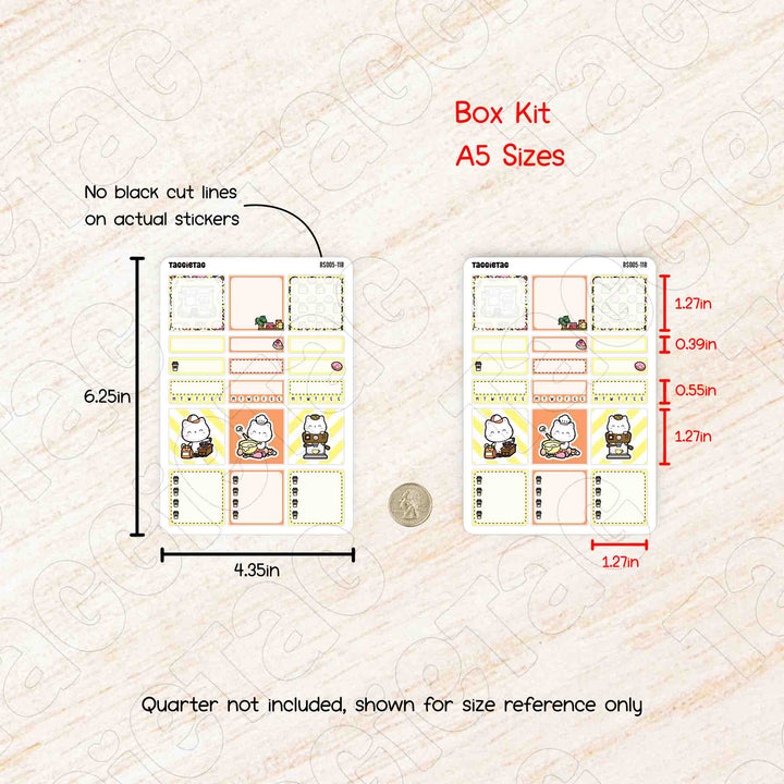 Measurement chart for A5 size box kit with cartoon character stickers on a textured beige background.