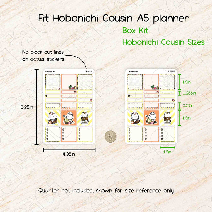 Fit Hobonichi Cousin A5 planner box kit with dimensions and size reference on a beige background