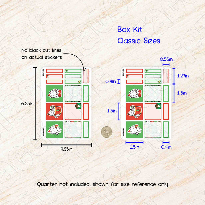 Measurement chart for box kit classic sizes with dimensions and quarter for size reference on a textured beige background.