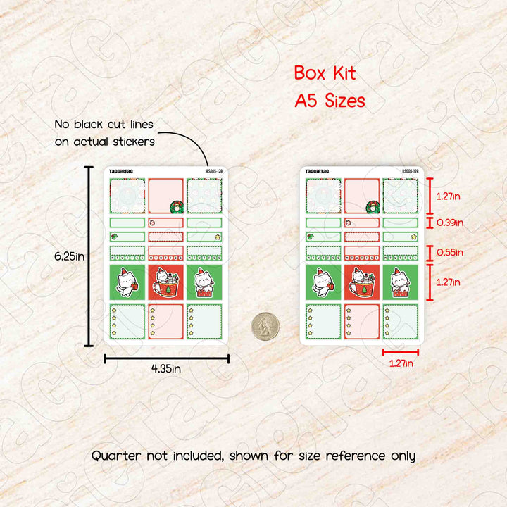 A5 size box kit with dimensions and design details on a textured beige background