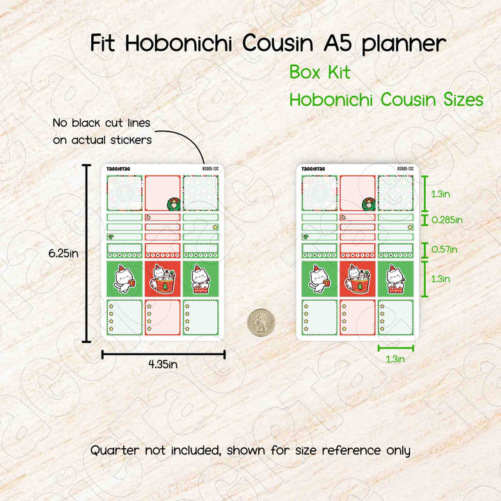 Fit Hobonichi Cousin A5 planner box kit with dimensions and size reference on a beige background