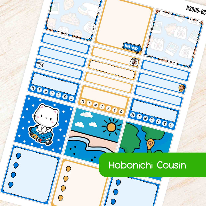 Travel A5 Hobonichi Cousin Box Stickers Kit | Blue, Yellow Theme Functional Stickers