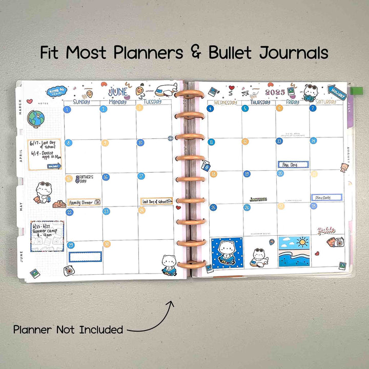 The stickers will fit most planners and bullet journals. Planner not included