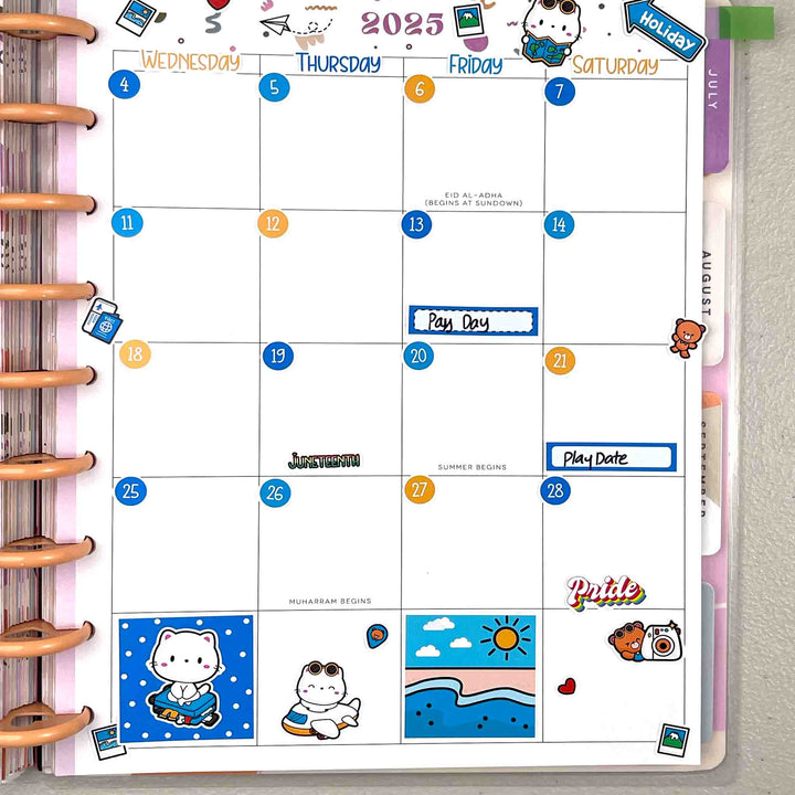 June Travel Monthly Planner Sticker Kit stickers on a happy planner page