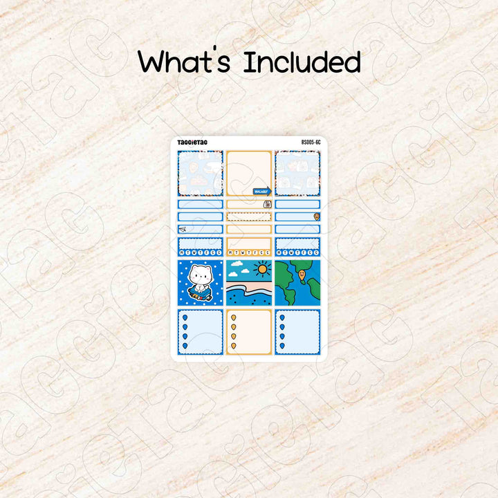 Includes a sheet of Travel A5 Hobonichi Cousin Box Stickers Kit | Blue, Yellow Theme Functional Stickers