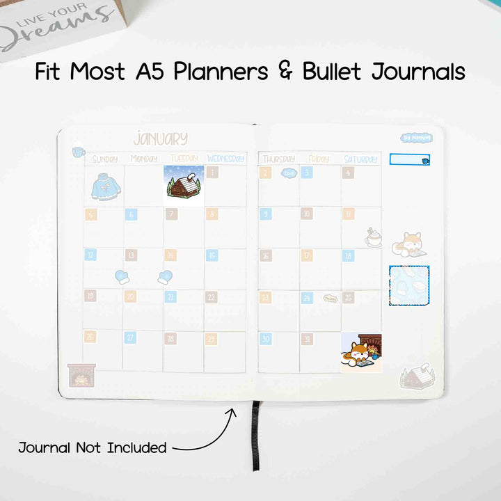 Fit most A5 planners and bullet journals. Journal not included