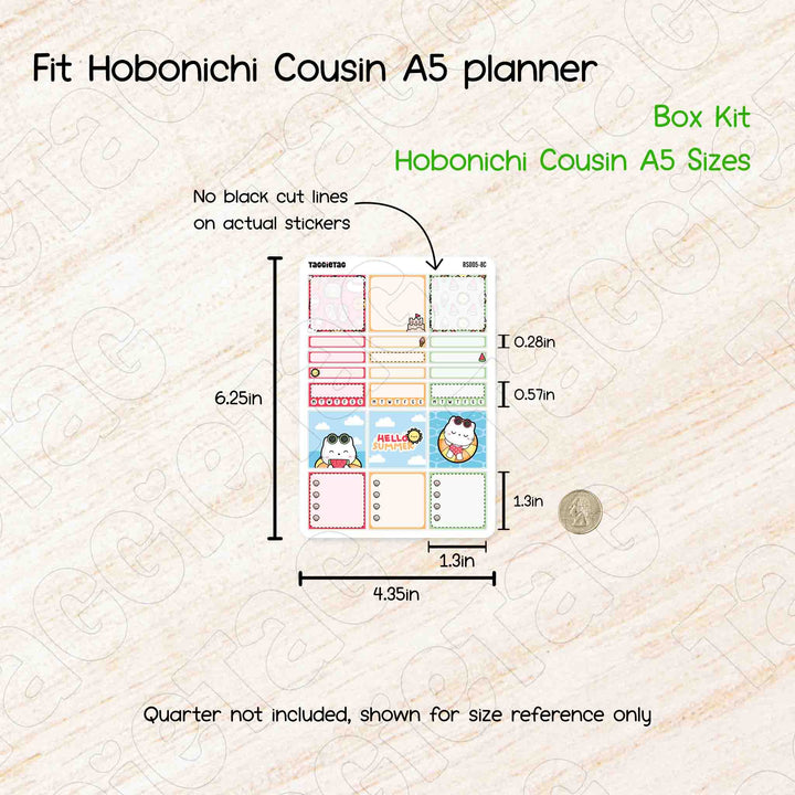 Fit Hobonichi Cousin A5 planner. No black cut lines on actual stickers. Sheet size is 6.25in x 4.35in. Quarter not included, shown for size reference only
