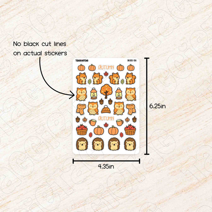 Sheet of autumn-themed stickers with measurements on a textured beige background