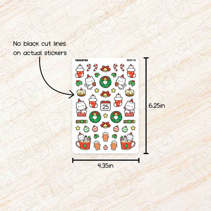Sheet of Christmas-themed stickers with dimensions of 4.35in x 6.25in and no black cut lines text on a textured beige background