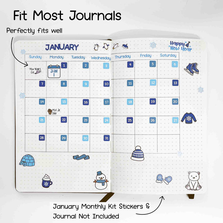 Holiday Planner Stickers fit most journals. Perfectly fits well to calendar view on the page. January monthly kit stickers and journal not included