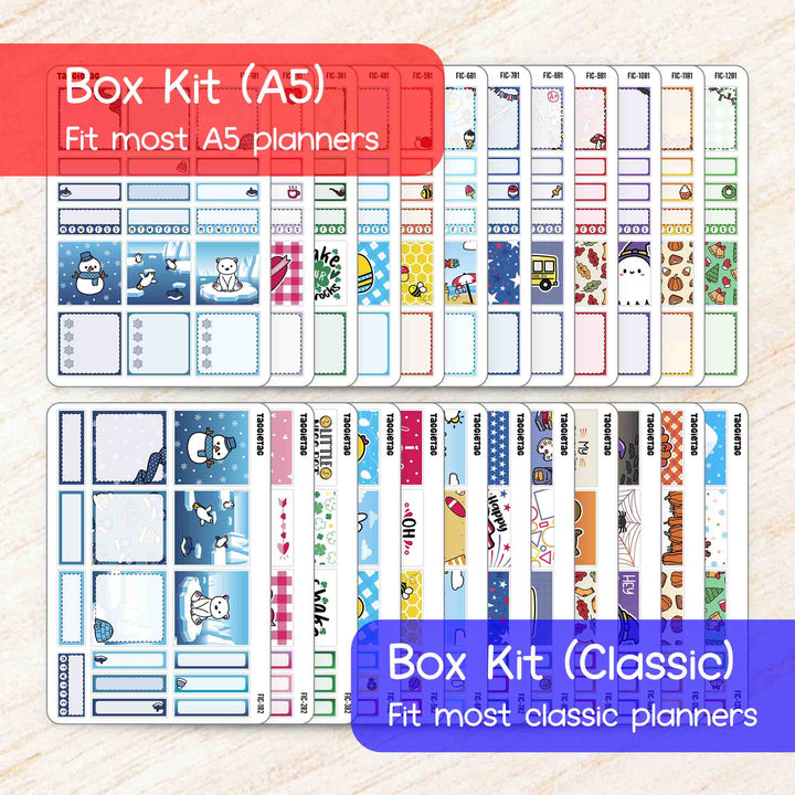 Ultimate 12-Month Planner Sticker Gift Set includes 12 A5 box kits or 12 classic box kits, pick one