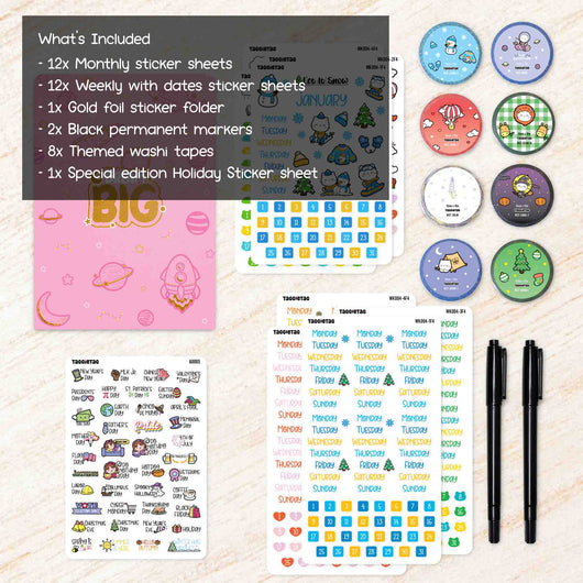 Includes 12x monthly kits, 12x weekly kits, 1x gold foil sticker folder, 2x black permanent markers, 8x themed washi tapes, and 1x special edition holiday sticker sheet