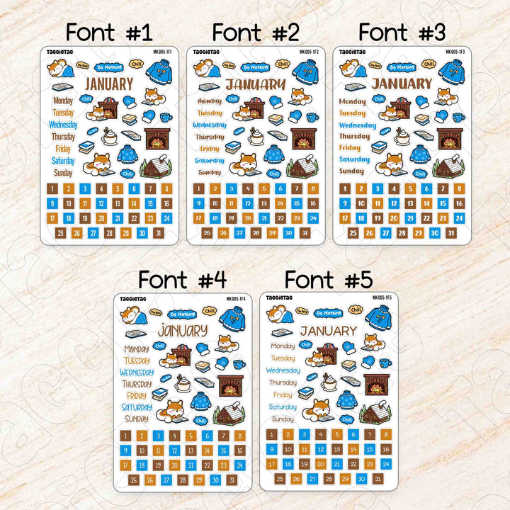 January Cozy Winter Theme Planner Stickers available in 5 different fonts