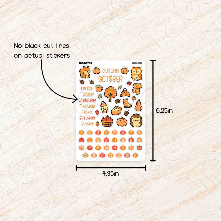 Sheet of autumn-themed stickers with dimensions on a textured beige background
