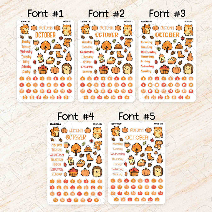 October Autumn Monthly Planner Sticker Kit available in 5 different fonts