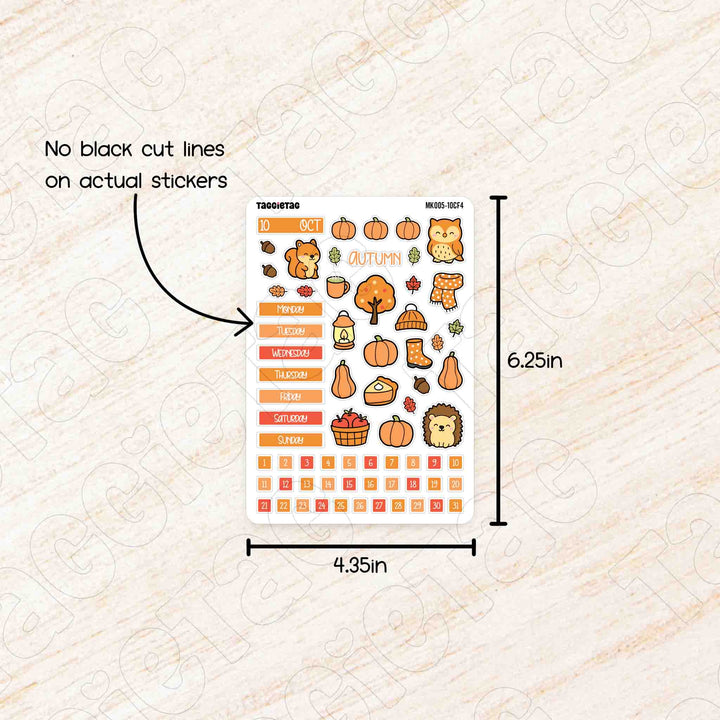 Sheet of autumn-themed planner stickers with dimensions on a textured beige background
