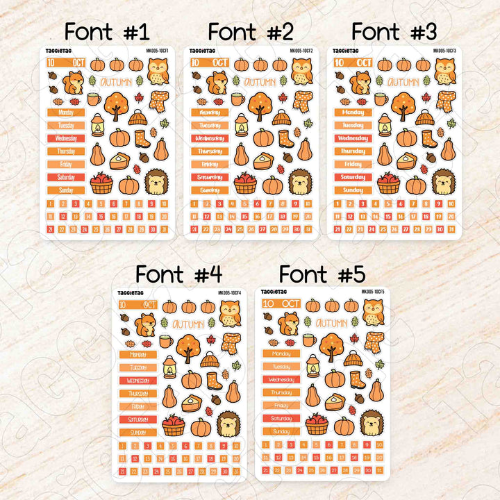 October Autumn Hobonichi Cousin A5 Monthly Planner Sticker Kit available in 5 different fonts