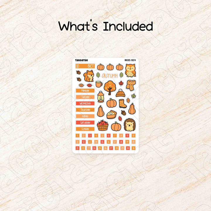 Includes a sheet of October Autumn Hobonichi Cousin A5 Monthly Planner Sticker Kit
