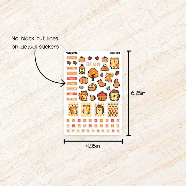 Sheet of autumn-themed stickers with dimensions and text on a beige background