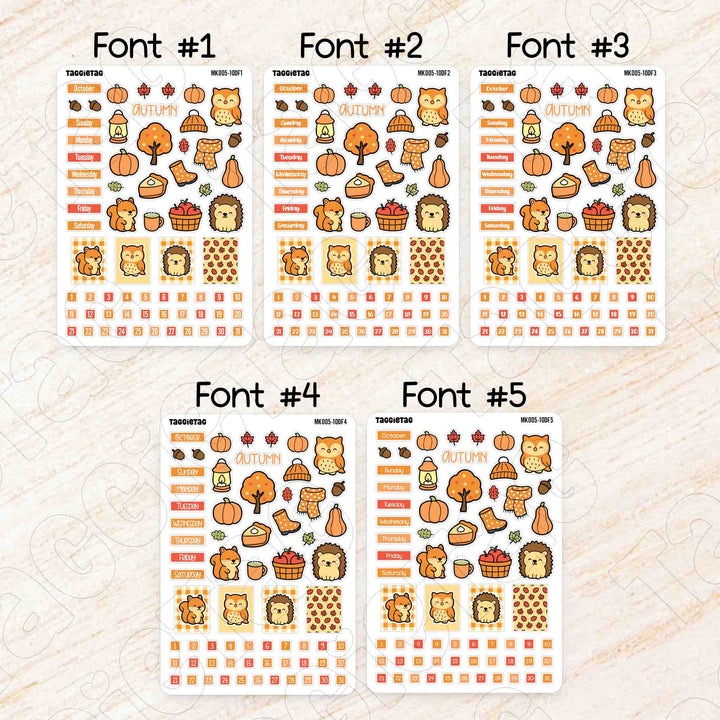 October Autumn Hobonichi Weeks Monthly Planner Sticker Kit available in 5 different fonts