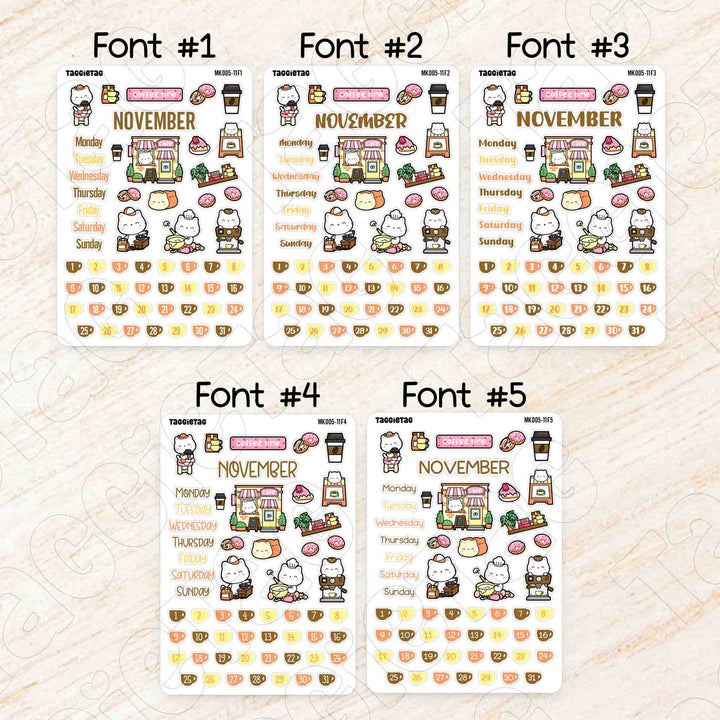November Coffee & Bakery Monthly Planner Sticker Kit available in 5 different fonts