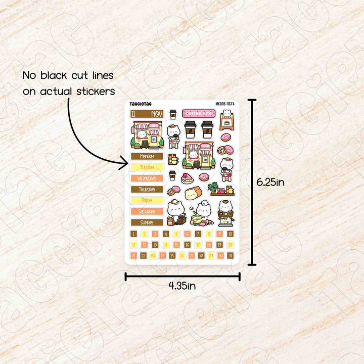 Sheet of planner stickers with dimensions and no black cut lines text on a textured beige background