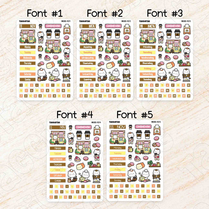 November Coffee & Bakery Hobonichi Cousin A5 Monthly Planner Sticker Kit available in 5 different fonts