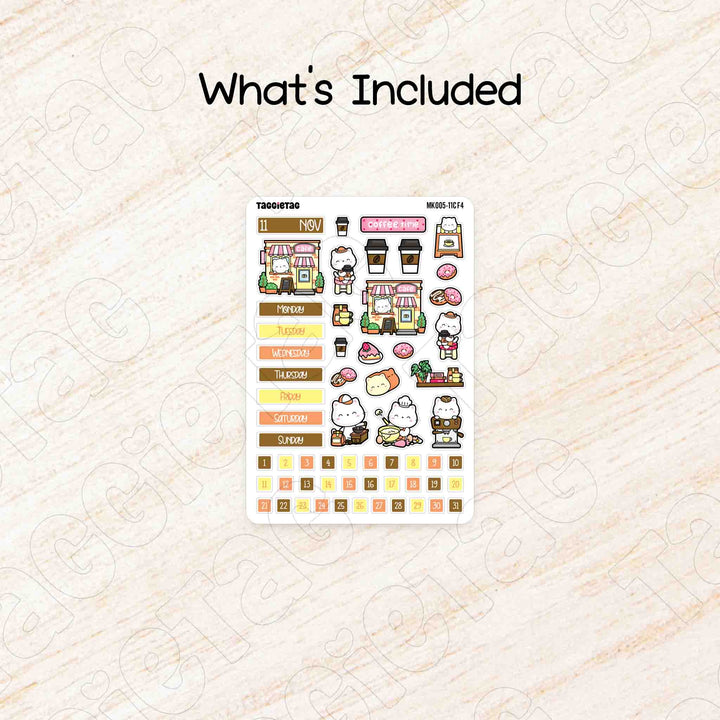 Includes a sheet of November Coffee & Bakery Hobonichi Cousin A5 Monthly Planner Sticker Kit 
