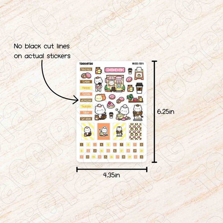 Sheet of stickers with dimensions and no black cut lines text on a textured beige background
