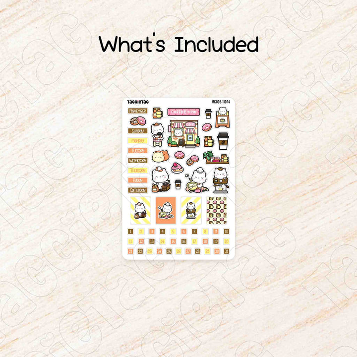 Includes a sheet of November Coffee & Bakery Hobonichi Weeks Monthly Planner Sticker Kit