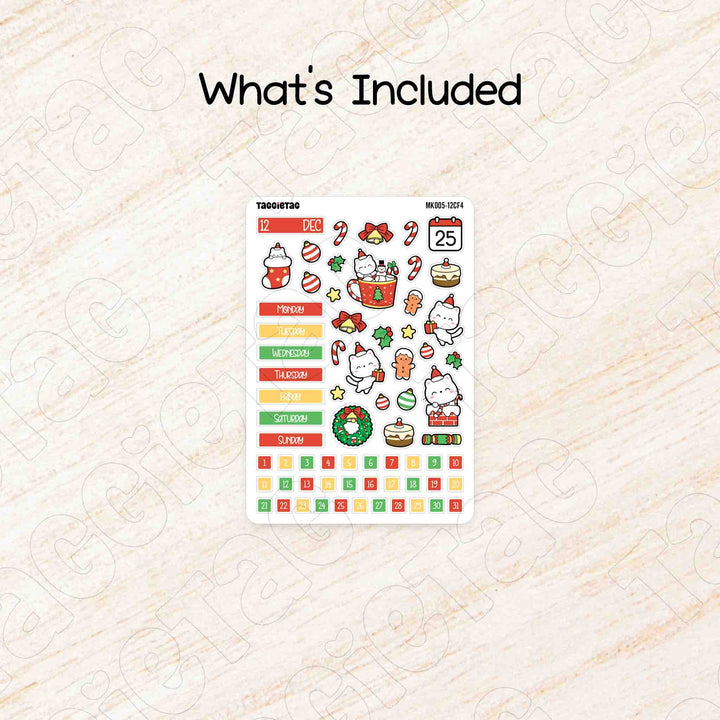 Includes a sheet of December Christmas Hobonichi Cousin A5 Monthly Planner Sticker Kit
