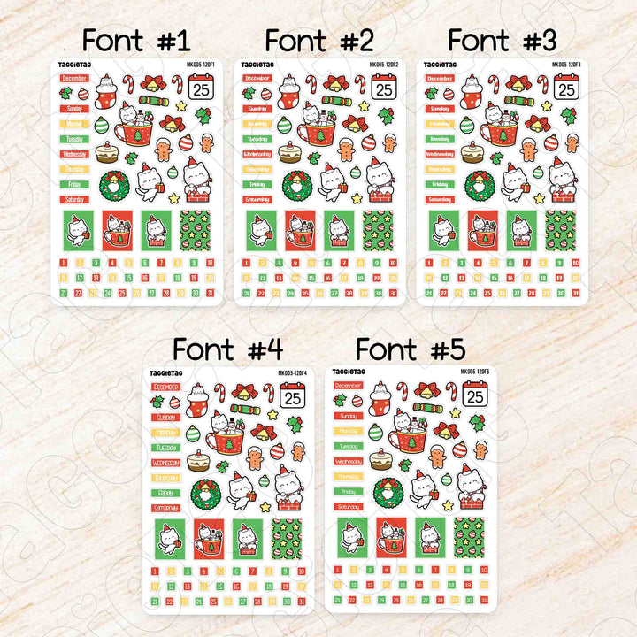 December Christmas Hobonichi Weeks Monthly Planner Sticker Kit available in 5 different fonts