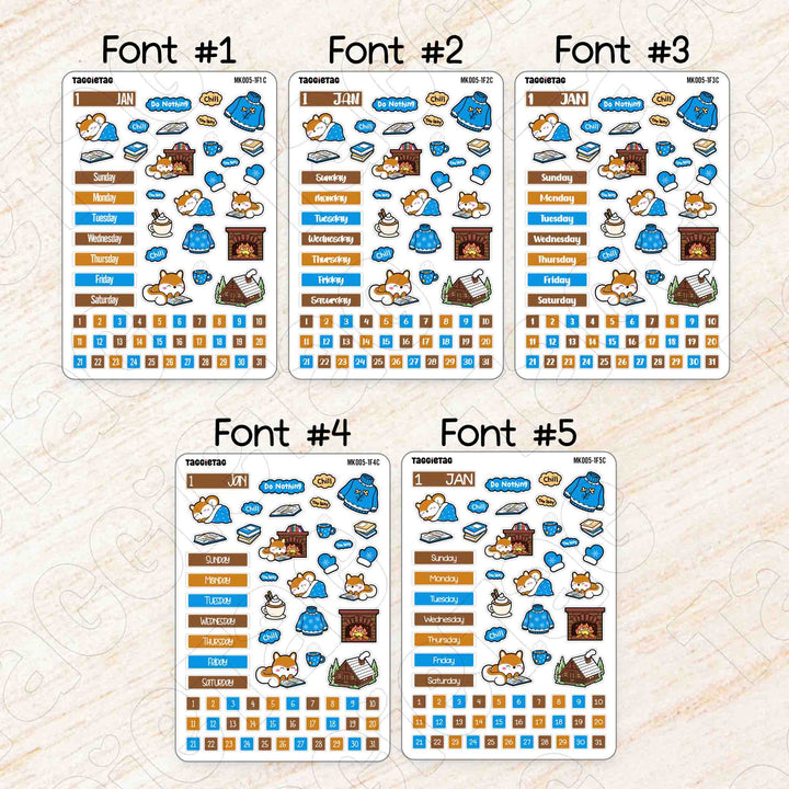 January Cozy Winter Theme Planner Stickers available in 5 different fonts