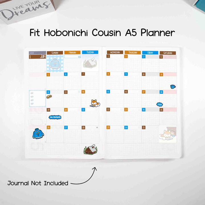 January Cozy Winter Theme Planner Stickers fit Hobonichi Cousin A5 planner. Journal not included