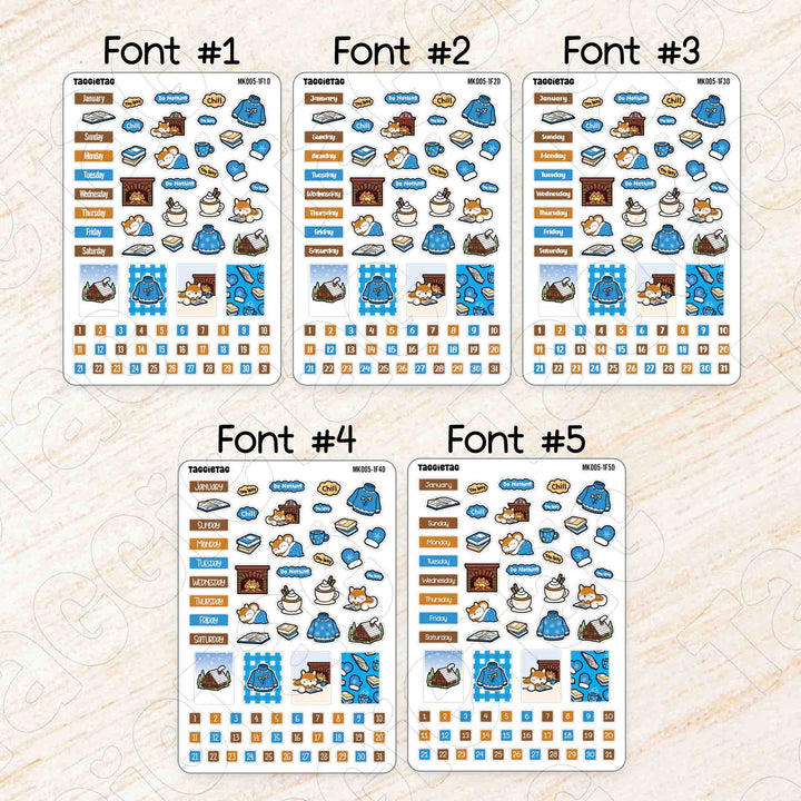 January Cozy Winter Theme Planner Stickers available in 5 different fonts