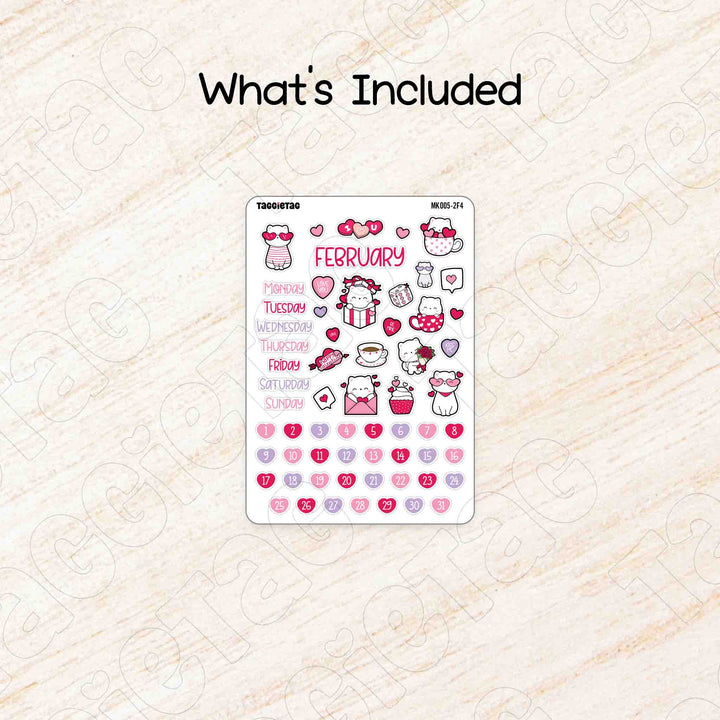 Includes a sheet of Cats & Hearts Valentine Theme Planner Stickers Monthly Kit