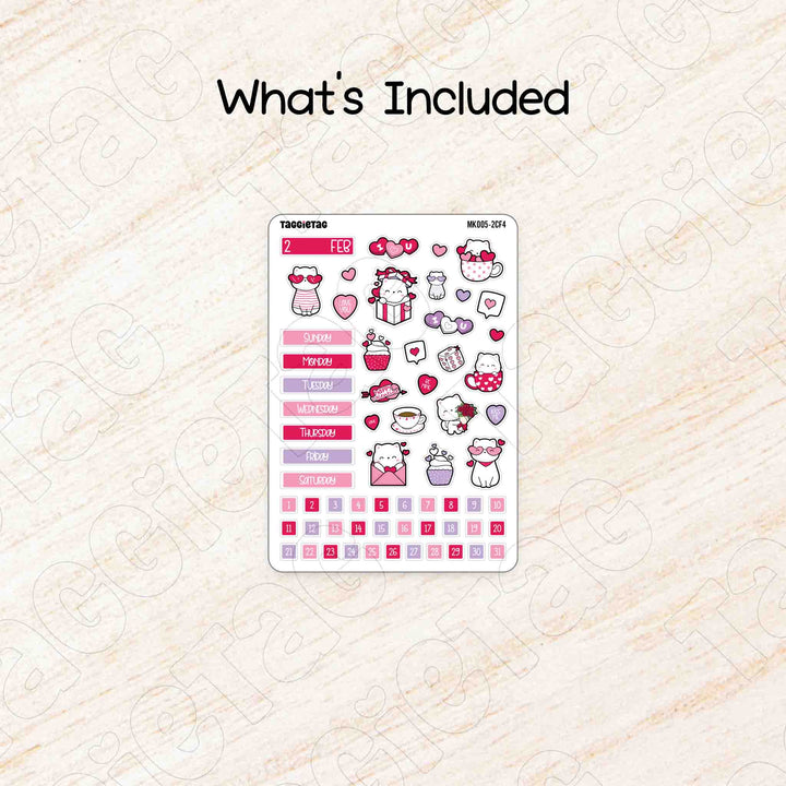 Includes a sheet of Cats & Hearts Valentine Theme Planner Stickers