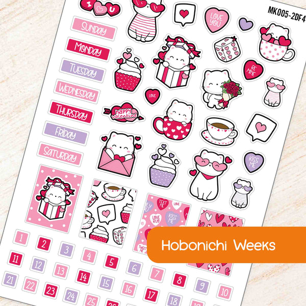 February Cats & Hearts Valentine Theme Planner Stickers