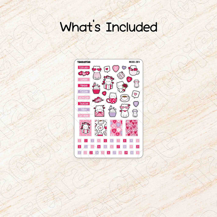 Includes a sheet of February Cats & Hearts Valentine Theme Planner Stickers