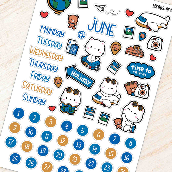 June Travel Monthly Planner Sticker Kit - Blue & Yellow Theme