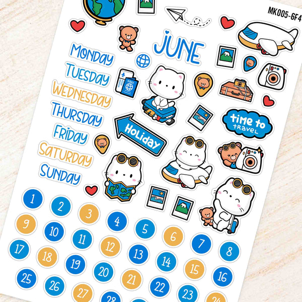 June Travel Monthly Planner Sticker Kit - Blue & Yellow Theme