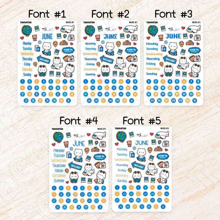 June Travel Monthly Planner Sticker Kit - Blue & Yellow Theme available in 5 different fonts
