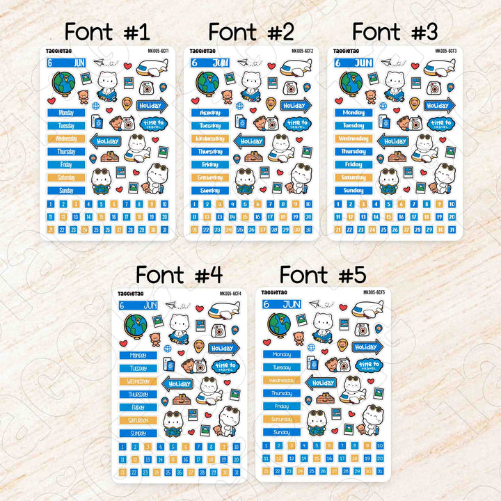 June Travel Hobonichi Cousin A5 Monthly Planner Sticker Kit - Blue & Yellow Theme available in 5 different fonts