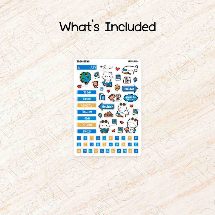 Includes a sheet of June Travel Hobonichi Cousin A5 Monthly Planner Sticker Kit - Blue & Yellow Theme